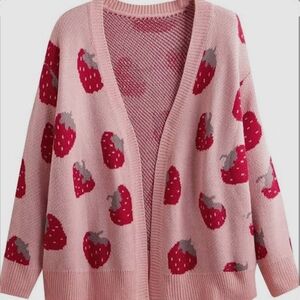 SHEIN Pink and Red Strawberry Cardigan Sweater